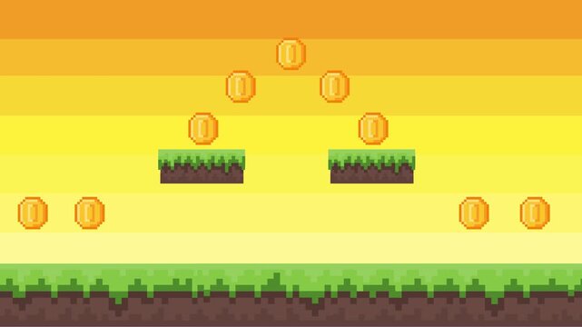 Vibrant pixel art video game level with classic ground, elevated platforms, and glittering gold coins forming an arch against a warm orange gradient sky