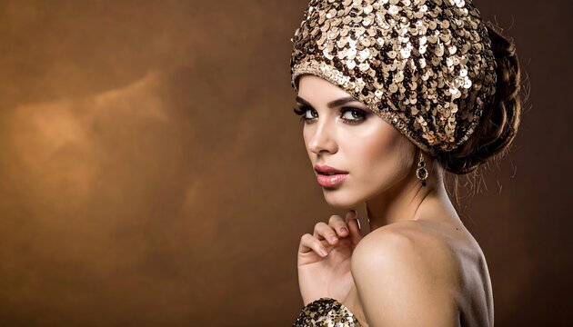 A beautiful woman in gold, adorned with a sequined head covering, poses in a side-profile gaze. Her eyes are enhanced