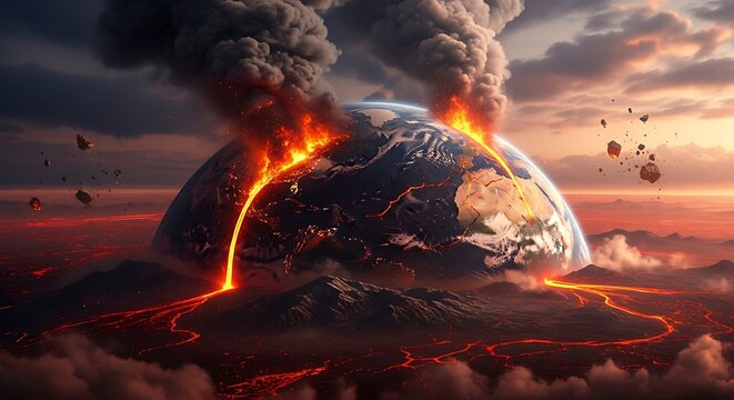 A Planet with Massive Volcanic Eruptions and Lava Flows Under a Dramatic Sky fiery smoke