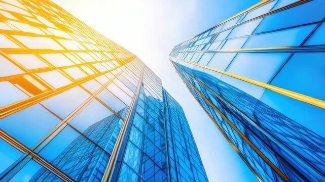 Modern Skyscrapers Reaching to the Sky: A low-angle shot showcases the sleek, modern design of two towering skyscrapers, their glass facades reflecting the bright blue sky and radiant sunlight.