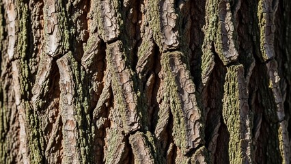 Obraz premium Close-up of rough, textured tree bark with moss and lichen.