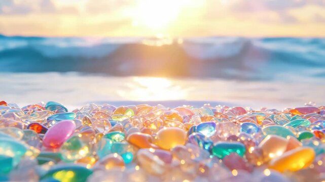 Seashore Gems under the Sun: A close-up shot captures the shimmering elegance of assorted gems scattered along the seashore, with the waves and sunrise as a backdrop.