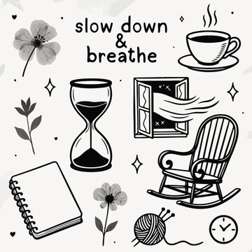 calming doodle collection with coffee cup, hourglass, rocking chair, and notebook