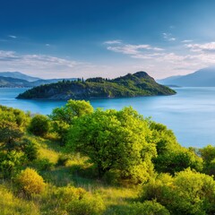 Obraz premium Island lake with green trees and rolling hills under a bright blue sky overlooking calm water and lush shoreline vegetation in a peaceful coastal landscape