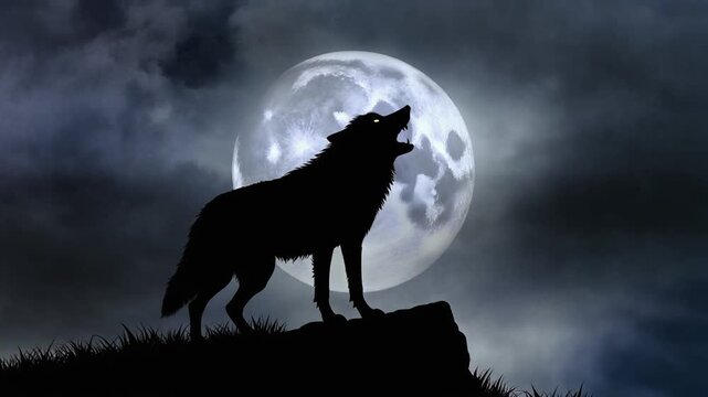 Wolf Howling Silhouette Against Full Moon and Cloudy Night Sky