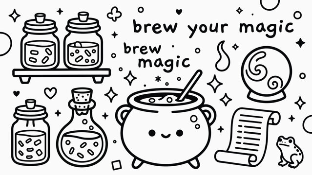 Cute magic cauldron doodle with potion bottles crystal ball and ancient scroll illustration