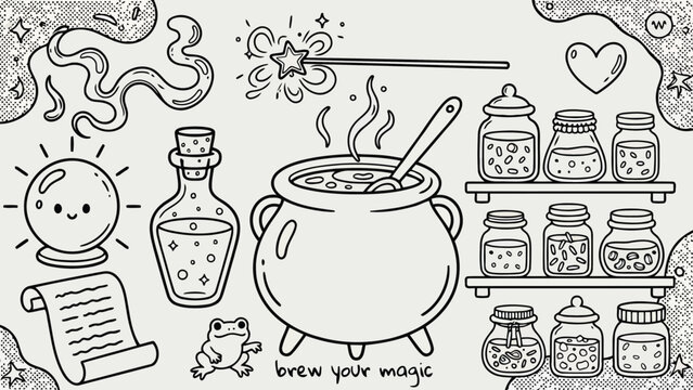 Witchy aesthetic line art collection featuring potion jars magic cauldron and crystal ball