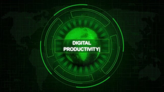 Digital productivity hologram with glowing green tech interface for business innovation and futuristic workflow efficiency