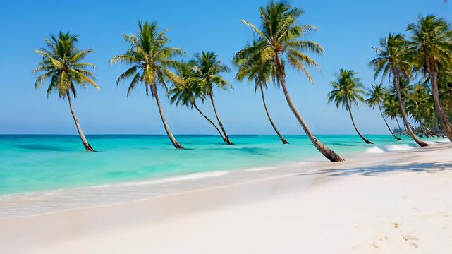 Tilted palm trees swaying on a pristine white sand beach with turquoise ocean waves in a bright cinematic landscape, ideal for a peaceful tropical travel background.