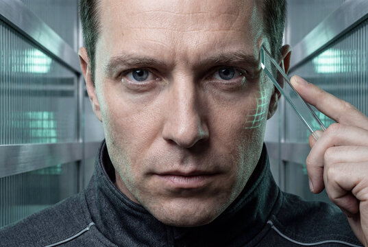 Symmetry portrait of a subject with a holographic medical grid on the temple. Platinum and neo-mint lighting creates a sterile premium atmosphere. Advanced biotech and precision health theme.