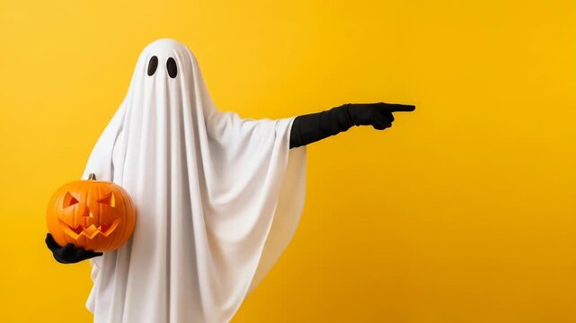 A ghostly figure in a white sheet with eyes and black gloves holds a carved pumpkin against a vibrant yellow background