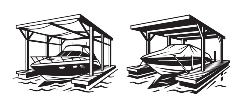 Boat dock illustration vector yacht and motorboat storage covered shelter marina.