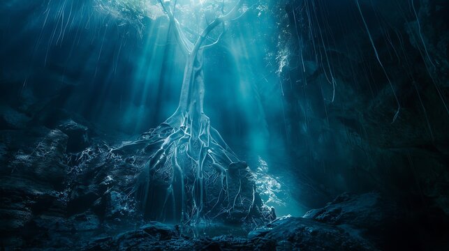 Dramatic wilderness canyon with ancient tree root system high resolution photo