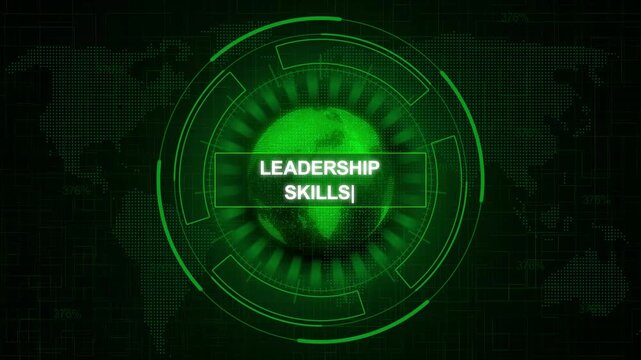 Digital leadership skills hologram with glowing green tech interface for business success and innovation
