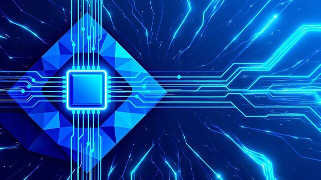 Blue glowing circuit board with central chip