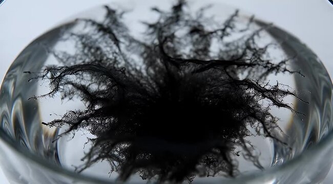 Abstract black ink explosion in clear water creating intricate fractal patterns