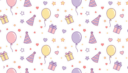 Seamless festive pattern with balloons, gift boxes, party hats, stars, hearts, and colorful decorations for celebration design projects © Creative Stoker