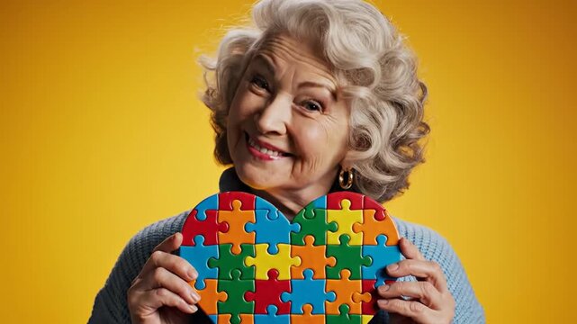 Smiling senior woman holding colorful puzzle heart on yellow