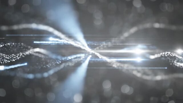 Abstract glowing light particles flow and intertwine in a futuristic, digital, or technological atmosphere
