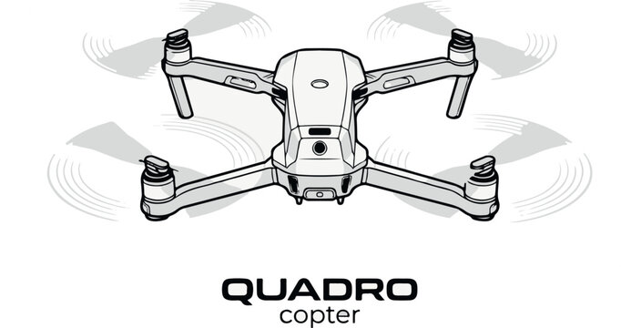 Minimalist line art illustration of a drone, quadcopter or quadro copter, with four rotors and sleek design, depicted in a simple black and white style, ideal for tech and innovation concepts.