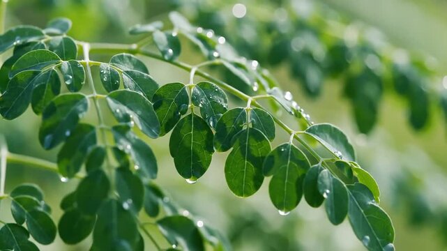 Closeup of Moringa Oleifera leaves with water droplets after rain.