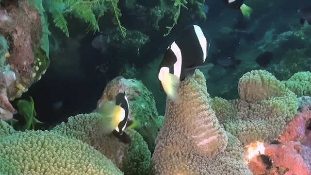A Clark's Clownfish family wriggles among the tentacles of their cozy anemone home. The colorful creatures appear to dance as they navigate their coral reef sanctuary.
