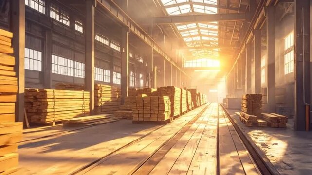 Stacks of freshly cut lumber inside a large industrial warehouse bathed in sunlight.