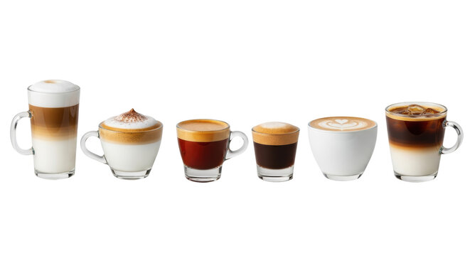 Variety of six layered coffee drinks including latte, cappuccino, and espresso in glass cups on a transparent background. Concept for beverage advertising