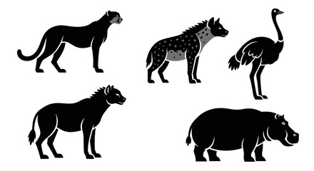 Fototapeta premium African Wildlife Silhouettes: Cheetah, Hyenas, Ostrich, and Hippopotamus Vector Set