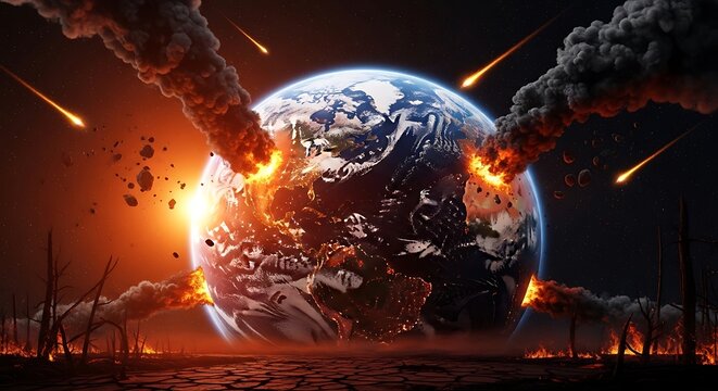 Earth being bombarded by multiple fiery meteors with massive explosions and smoke in space fire