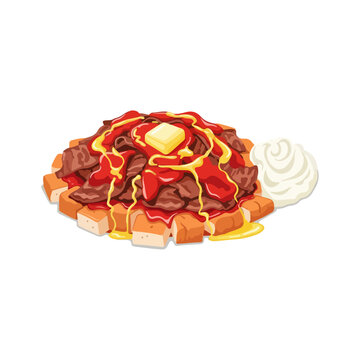 Iskender Kebab with Tomato Sauce and Yogurt Flat Vector Illustration Isolated on White.