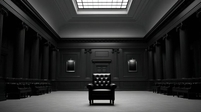 Concept of Power and Responsibility in a Symmetrical Room With a Single Seat in Dark Neutral Tones During the Evening Hours