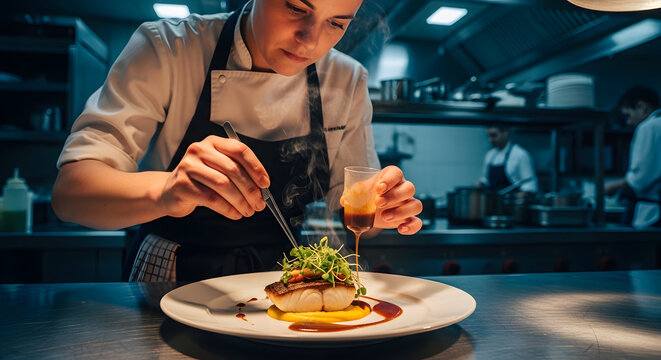 Professional Female Chef Plating Gourmet Seafood Dish in Restaurant Kitchen