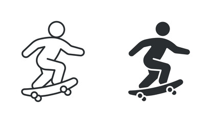 Skateboarder riding skateboard icon set, skateboarding sport activity symbol, in outline and solid silhouette style. Vector illustration. © Masuda Akthar
