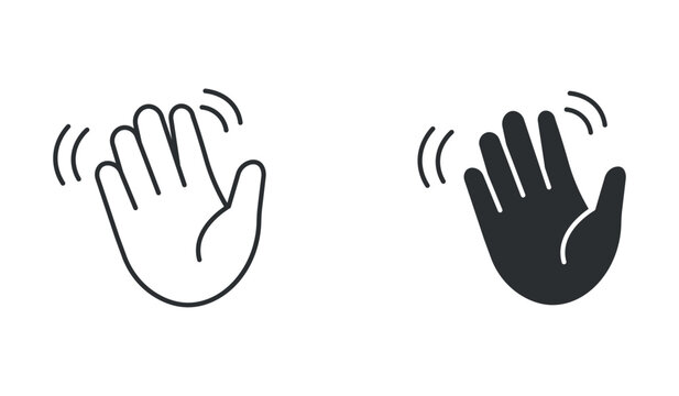 Waving hand gesture icon set, hello greeting sign symbol, in outline and solid silhouette style. Vector illustration.
