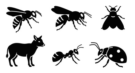 Animal and insect silhouettes set, black vector icons on white background