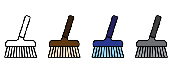 Set of four colorful brooms isolated on white background for cleaning and household