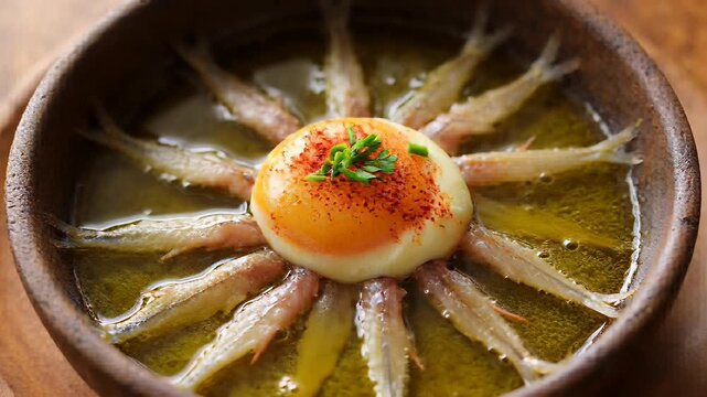 Close up of delicious whitebait ajillo with a poached egg in a rustic bowl, showcasing golden olive oil and steam in a cinematic macro food photography shot for culinary media.