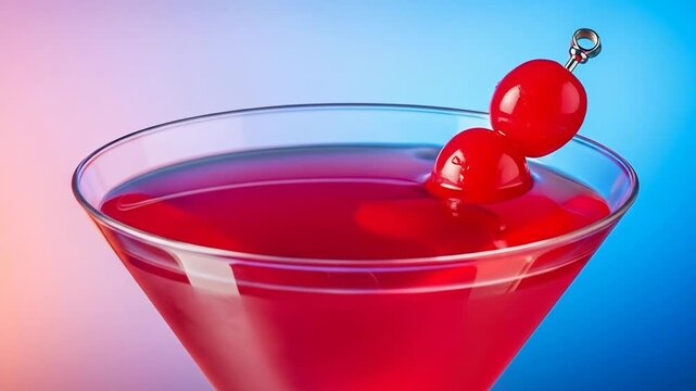 A vibrant red cocktail in a martini glass with two cherries on a pick against a colorful gradient background