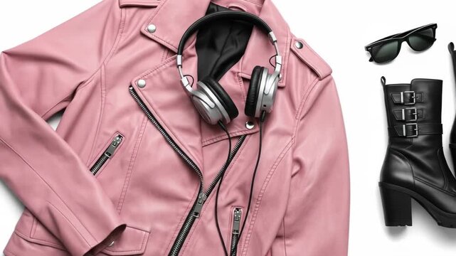 A pink jacket with headphones, sunglasses, and black boots on a white background