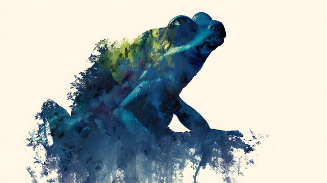 Vibrant blue frog with colorful floral patterns looking up