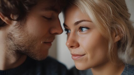 Close up of a couple sharing an intimate moment foreheads touching with a tender gaze