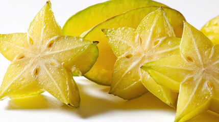 Sliced starfruit with water droplets on white background