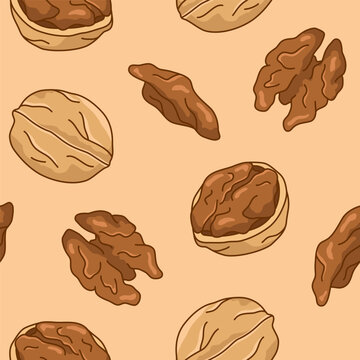 Walnuts seamless pattern, background, cartoon style illustration