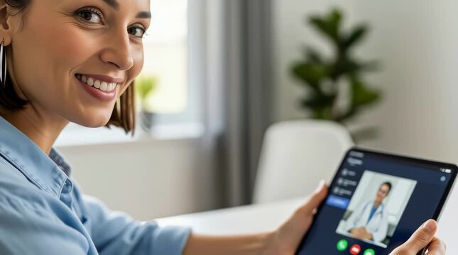 Video call online meeting and remote communication during a work from home scenario with smiling woman participating in virtual conference on tablet device Telemedicine telehealth and digital