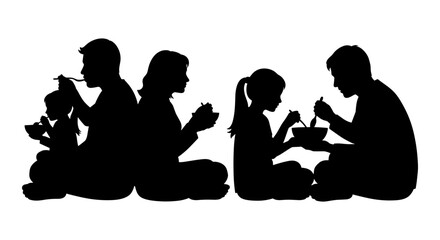 Family Eating Meal Silhouette Vector Illustration Set: Parents and Children Sitting on Floor, Enjoying Food Together, Black and White Graphic for Design Projects