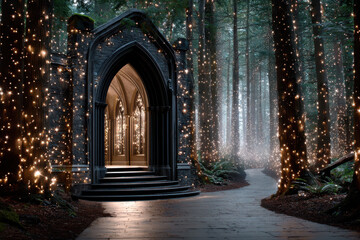 Fototapeta premium Magical light-filled forest path leading to an ancient gothic archway at twilight