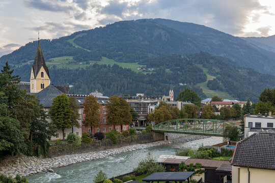 Panoramic view of Lienz with the Isel River and the Spitalsbrucke bridge in the foreground, Tyrol, Austria