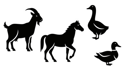 Obraz premium Farm Animals Silhouettes Collection Including Goat, Horse, and Waterfowl