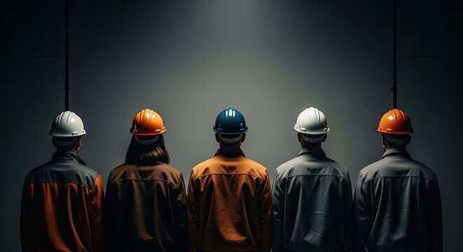 Silhouettes of workers in hard hats facing away